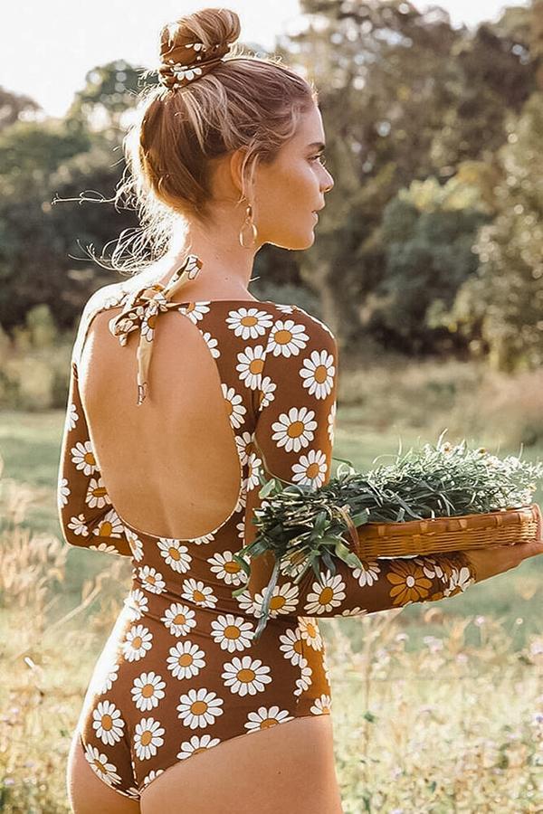 Franki Brown Daisy Floral Cut Out Long Sleeve Swimsuit