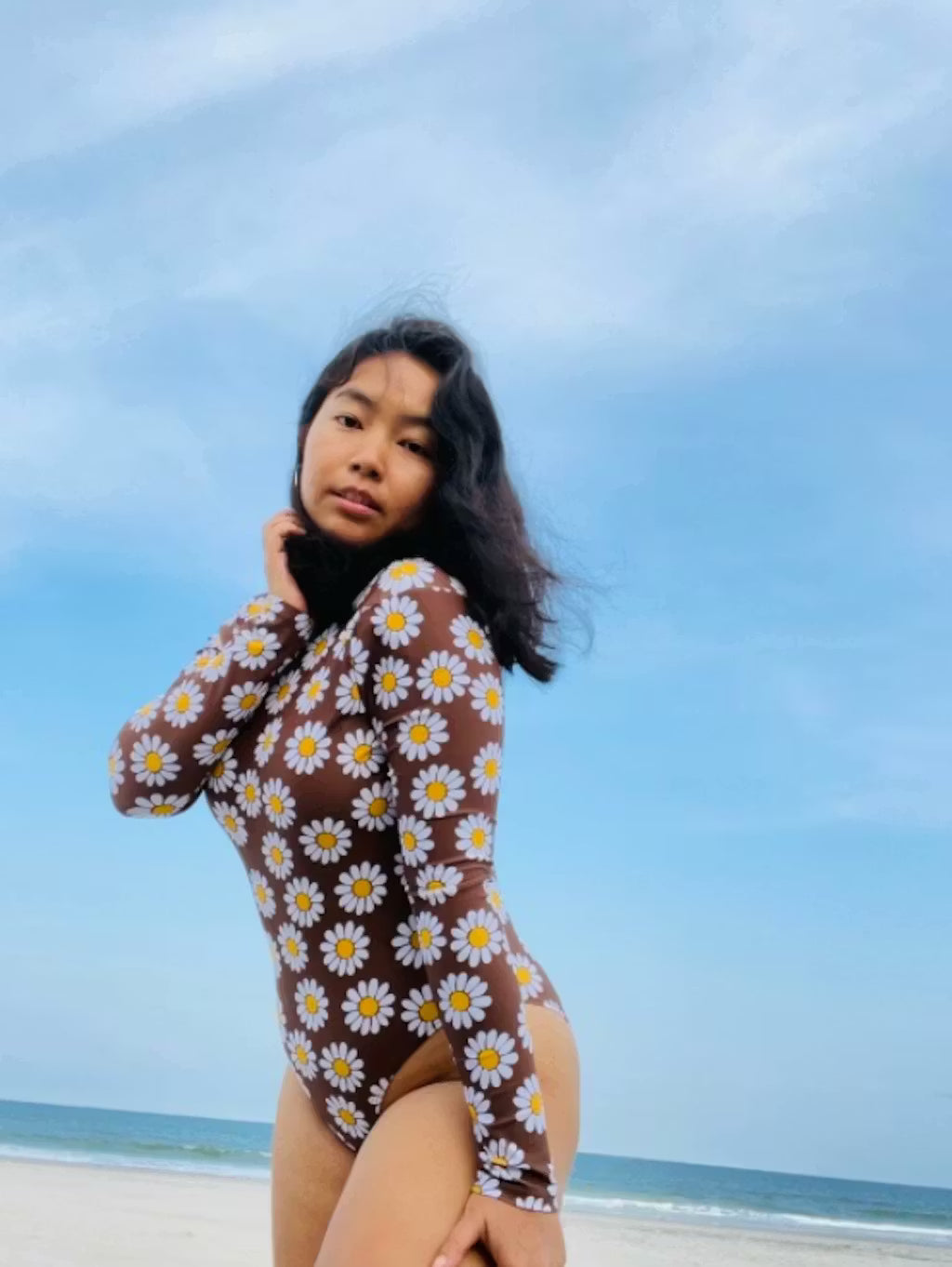 Franki Brown Daisy Floral Cut Out Long Sleeve Swimsuit