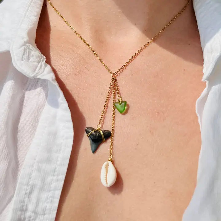Coco Beach Glass + Cowrie Shell Shark Tooth Necklace