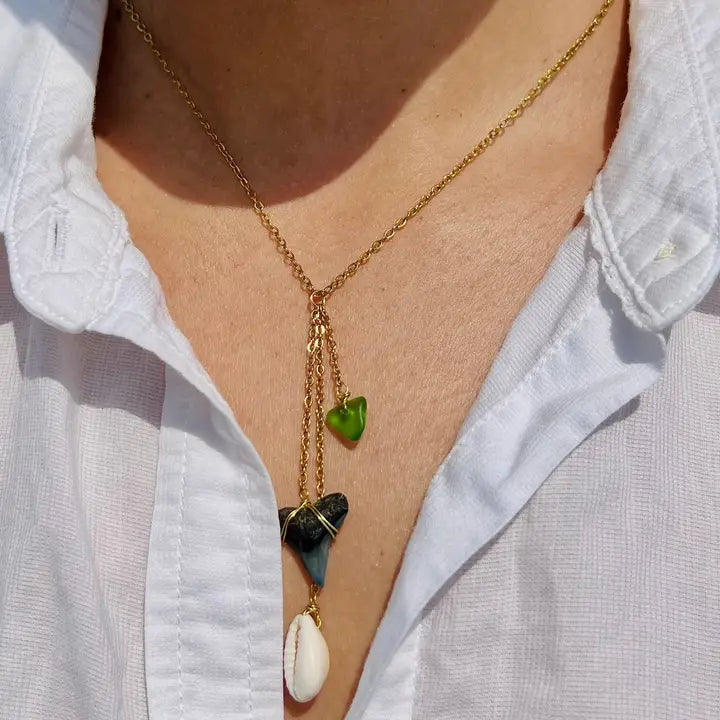 Coco Beach Glass + Cowrie Shell Shark Tooth Necklace
