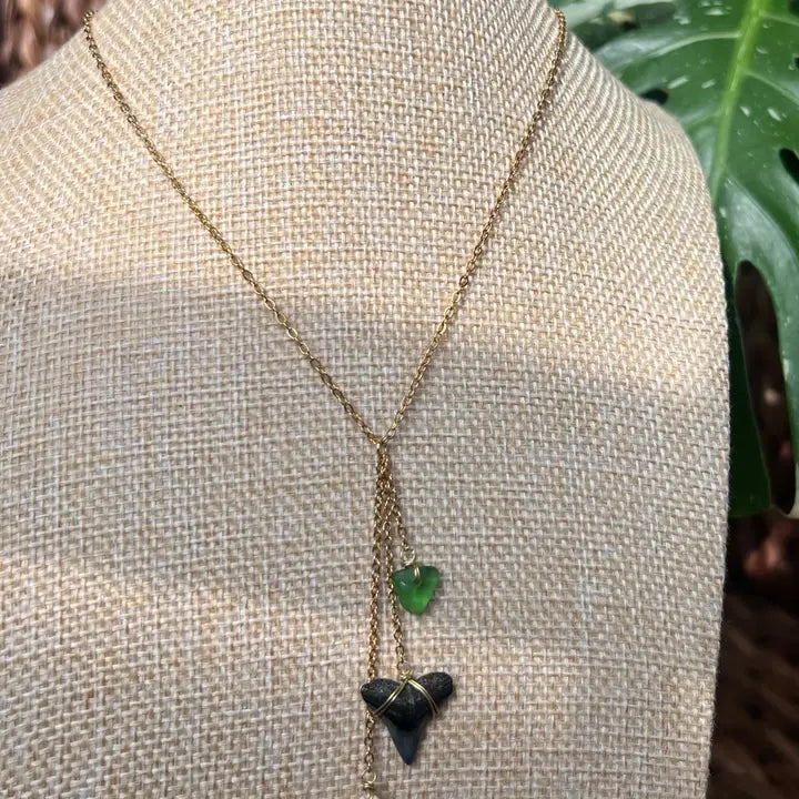 Coco Beach Glass + Cowrie Shell Shark Tooth Necklace