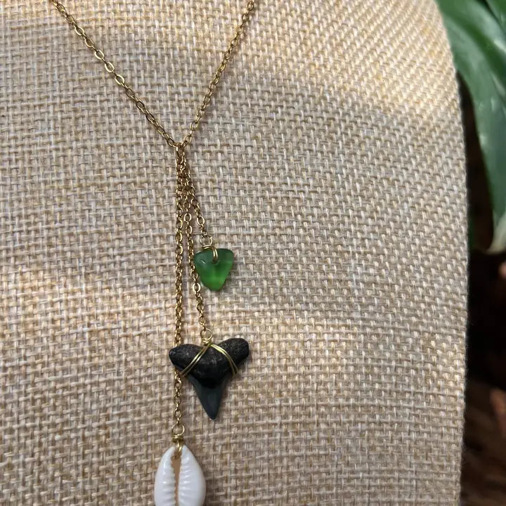 Coco Beach Glass + Cowrie Shell Shark Tooth Necklace