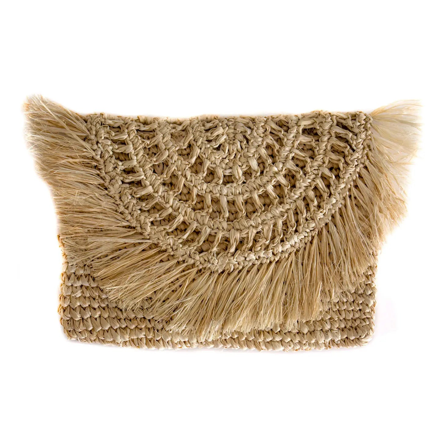 Half Moon Flap Raffia Clutch with Fringe